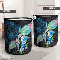 Hawaiian Couple Turtles Honi Laundry Basket Polynesian Art Motifs and Hibiscus Black Blue Color LT03 - Polynesian Pride