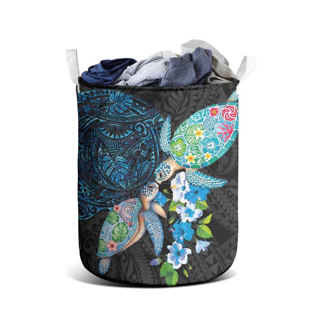 Hawaiian Couple Turtles Honi Laundry Basket Polynesian Art Motifs and Hibiscus Black Blue Color LT03 - Polynesian Pride