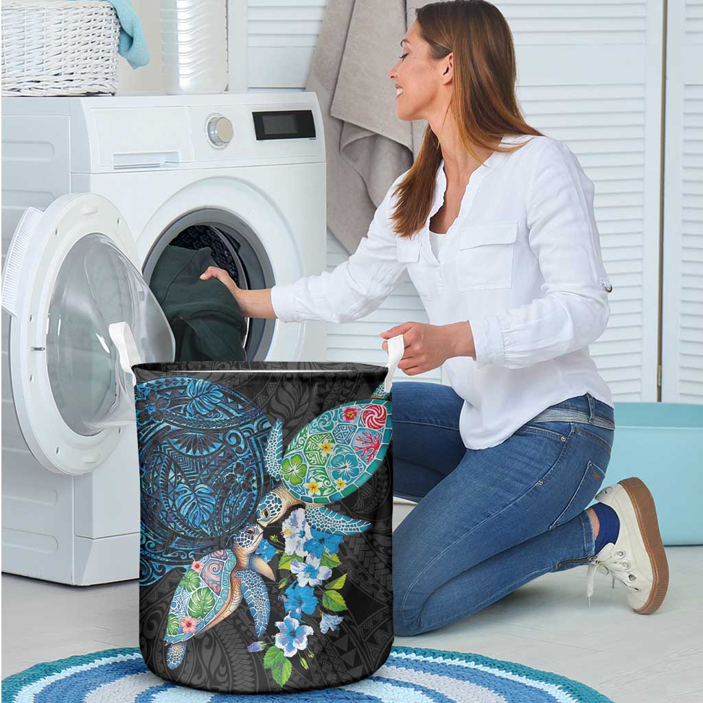 Hawaiian Couple Turtles Honi Laundry Basket Polynesian Art Motifs and Hibiscus Black Blue Color LT03 - Polynesian Pride