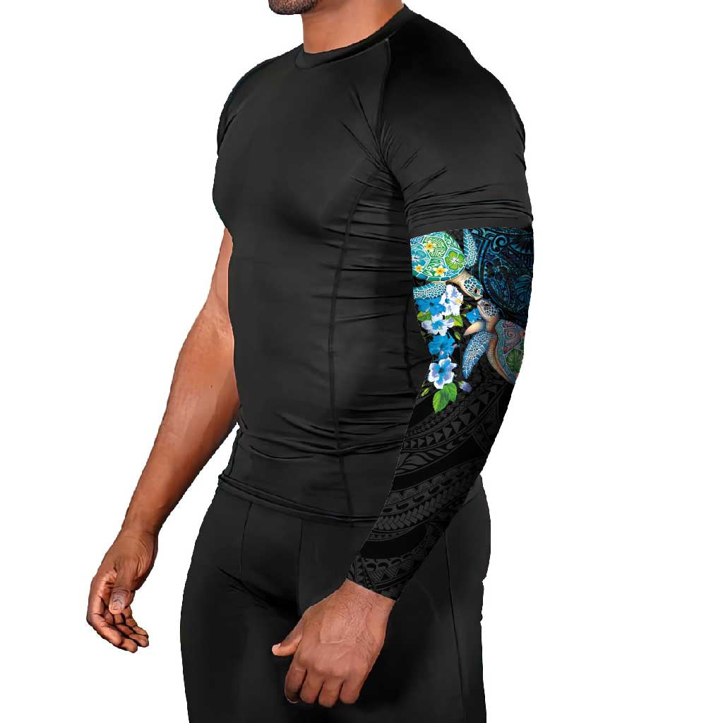 Hawaiian Couple Turtles Honi Arm Sleeves Polynesian Art Motifs and Hibiscus Black Blue Color - Polynesian Pride