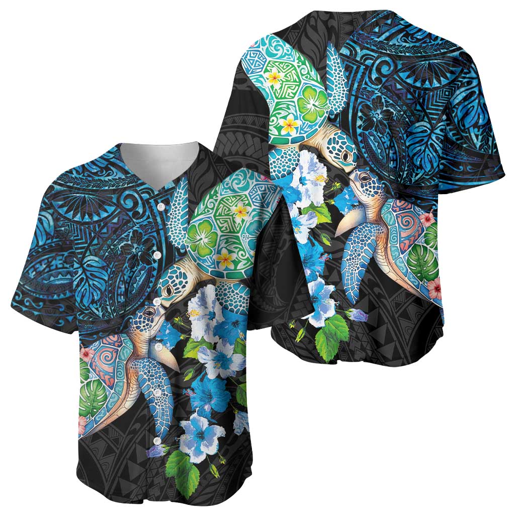 Hawaiian Couple Turtles Honi Baseball Jersey Polynesian Art Motifs and Hibiscus Black Blue Color - Polynesian Pride