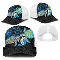 Hawaiian Couple Turtles Honi Baseball Net Cap Polynesian Art Motifs and Hibiscus Black Blue Color - Polynesian Pride