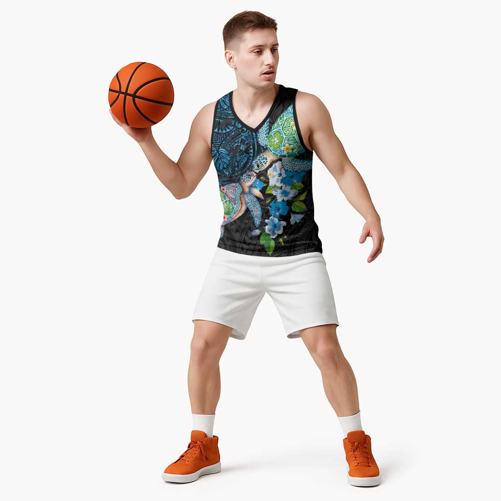 Hawaiian Couple Turtles Honi Basketball Jersey Polynesian Art Motifs and Hibiscus Black Blue Color - Polynesian Pride