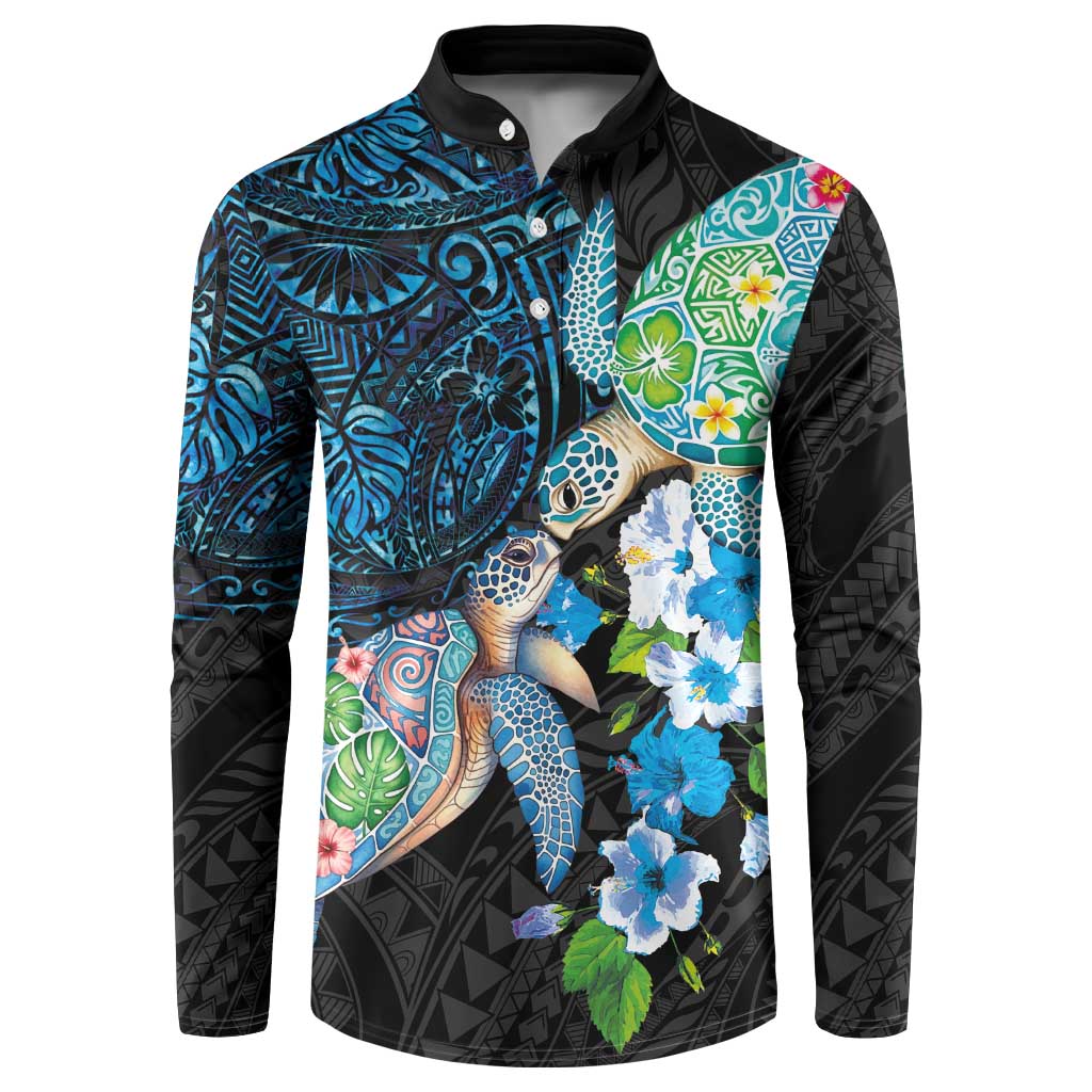 Hawaiian Couple Turtles Honi Button Sweatshirt Polynesian Art Motifs and Hibiscus Black Blue Color LT03 Black - Polynesian Pride