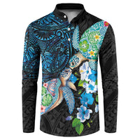 Hawaiian Couple Turtles Honi Button Sweatshirt Polynesian Art Motifs and Hibiscus Black Blue Color LT03 Black - Polynesian Pride