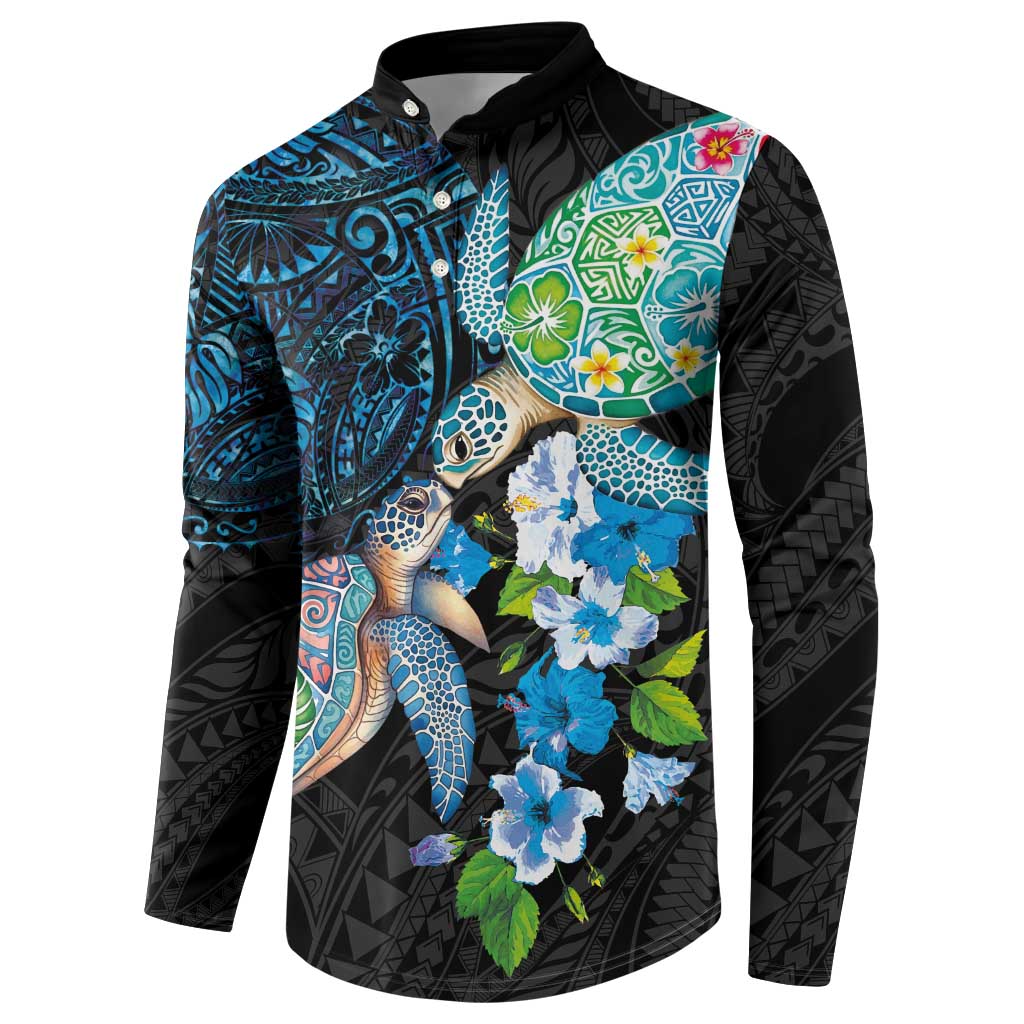 Hawaiian Couple Turtles Honi Button Sweatshirt Polynesian Art Motifs and Hibiscus Black Blue Color LT03 - Polynesian Pride