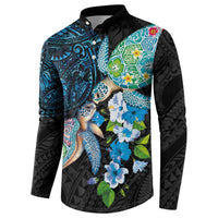 Hawaiian Couple Turtles Honi Button Sweatshirt Polynesian Art Motifs and Hibiscus Black Blue Color LT03 - Polynesian Pride