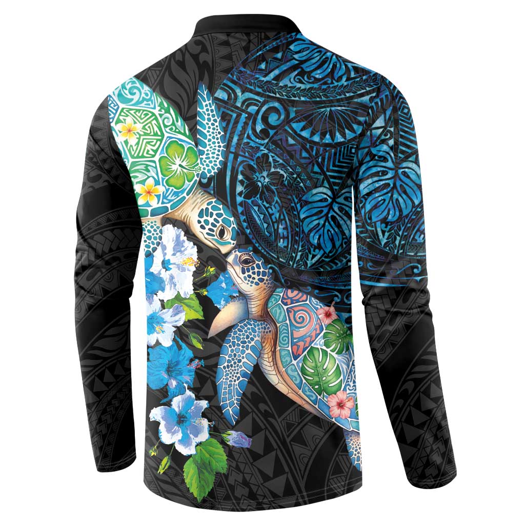 Hawaiian Couple Turtles Honi Button Sweatshirt Polynesian Art Motifs and Hibiscus Black Blue Color LT03 - Polynesian Pride