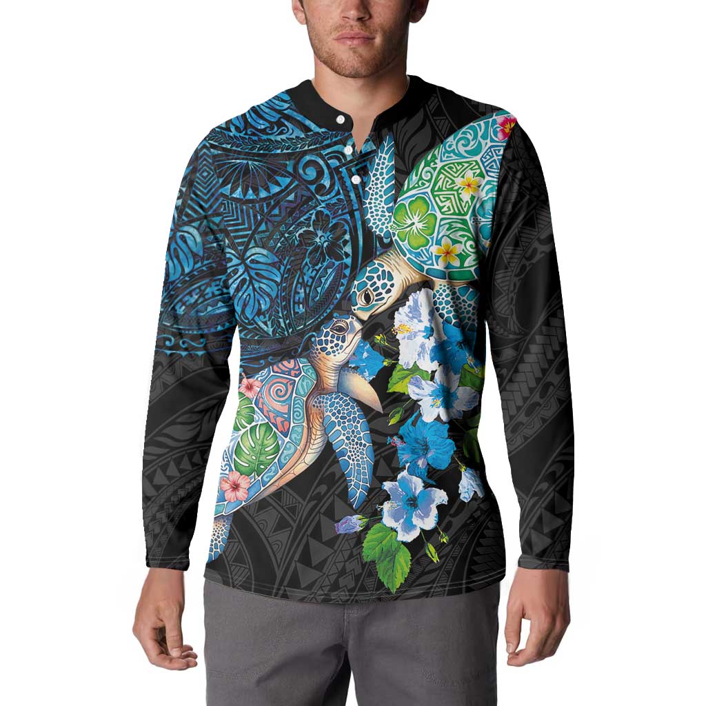 Hawaiian Couple Turtles Honi Button Sweatshirt Polynesian Art Motifs and Hibiscus Black Blue Color LT03 - Polynesian Pride
