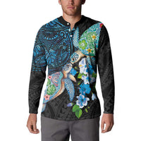 Hawaiian Couple Turtles Honi Button Sweatshirt Polynesian Art Motifs and Hibiscus Black Blue Color LT03 - Polynesian Pride