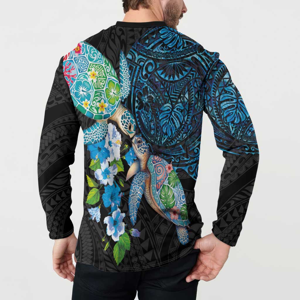 Hawaiian Couple Turtles Honi Button Sweatshirt Polynesian Art Motifs and Hibiscus Black Blue Color LT03 - Polynesian Pride