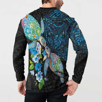 Hawaiian Couple Turtles Honi Button Sweatshirt Polynesian Art Motifs and Hibiscus Black Blue Color LT03 - Polynesian Pride