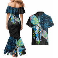 Hawaiian Couple Turtles Honi Couples Matching Mermaid Dress and Hawaiian Shirt Polynesian Art Motifs and Hibiscus Black Blue Color - Polynesian Pride