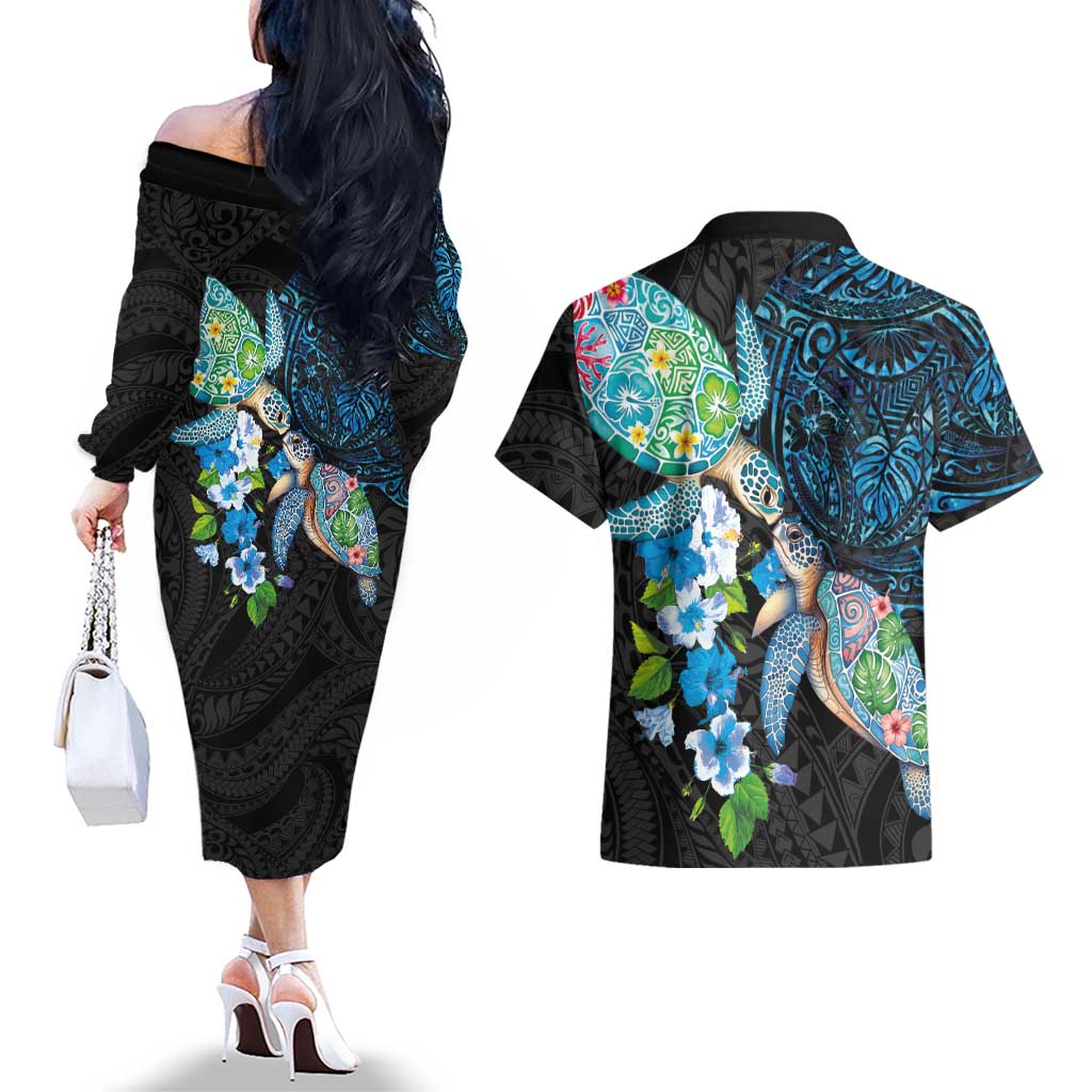 Hawaiian Couple Turtles Honi Couples Matching Off The Shoulder Long Sleeve Dress and Hawaiian Shirt Polynesian Art Motifs and Hibiscus Black Blue Color - Polynesian Pride