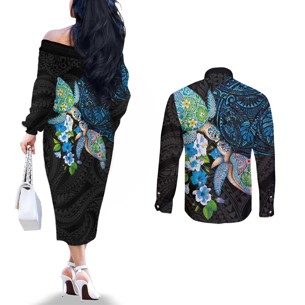 Hawaiian Couple Turtles Honi Couples Matching Off The Shoulder Long Sleeve Dress and Long Sleeve Button Shirt Polynesian Art Motifs and Hibiscus Black Blue Color - Polynesian Pride