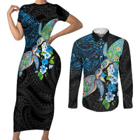 Hawaiian Couple Turtles Honi Couples Matching Short Sleeve Bodycon Dress and Long Sleeve Button Shirt Polynesian Art Motifs and Hibiscus Black Blue Color - Polynesian Pride