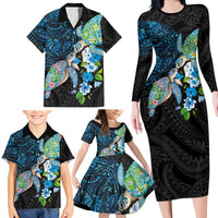 Hawaiian Couple Turtles Honi Family Matching Long Sleeve Bodycon Dress and Hawaiian Shirt Polynesian Art Motifs and Hibiscus Black Blue Color - Polynesian Pride