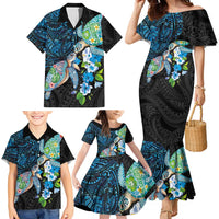 Hawaiian Couple Turtles Honi Family Matching Mermaid Dress and Hawaiian Shirt Polynesian Art Motifs and Hibiscus Black Blue Color LT03 - Polynesian Pride