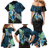 Hawaiian Couple Turtles Honi Family Matching Mermaid Dress and Hawaiian Shirt Polynesian Art Motifs and Hibiscus Black Blue Color LT03 - Polynesian Pride