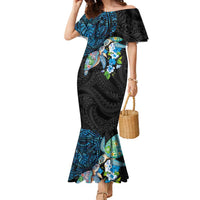 Hawaiian Couple Turtles Honi Family Matching Mermaid Dress and Hawaiian Shirt Polynesian Art Motifs and Hibiscus Black Blue Color LT03 Mom's Dress Black - Polynesian Pride
