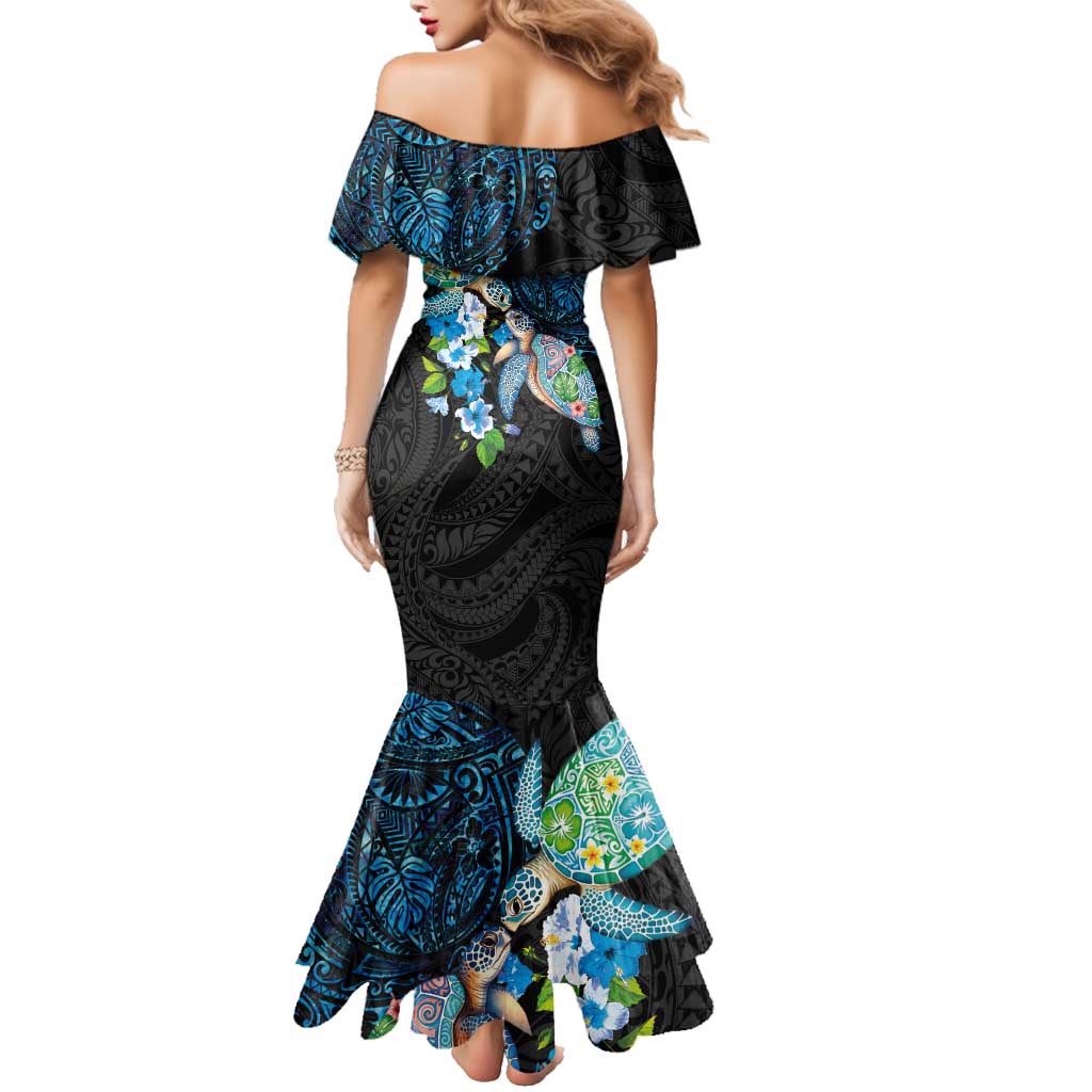 Hawaiian Couple Turtles Honi Family Matching Mermaid Dress and Hawaiian Shirt Polynesian Art Motifs and Hibiscus Black Blue Color LT03 - Polynesian Pride