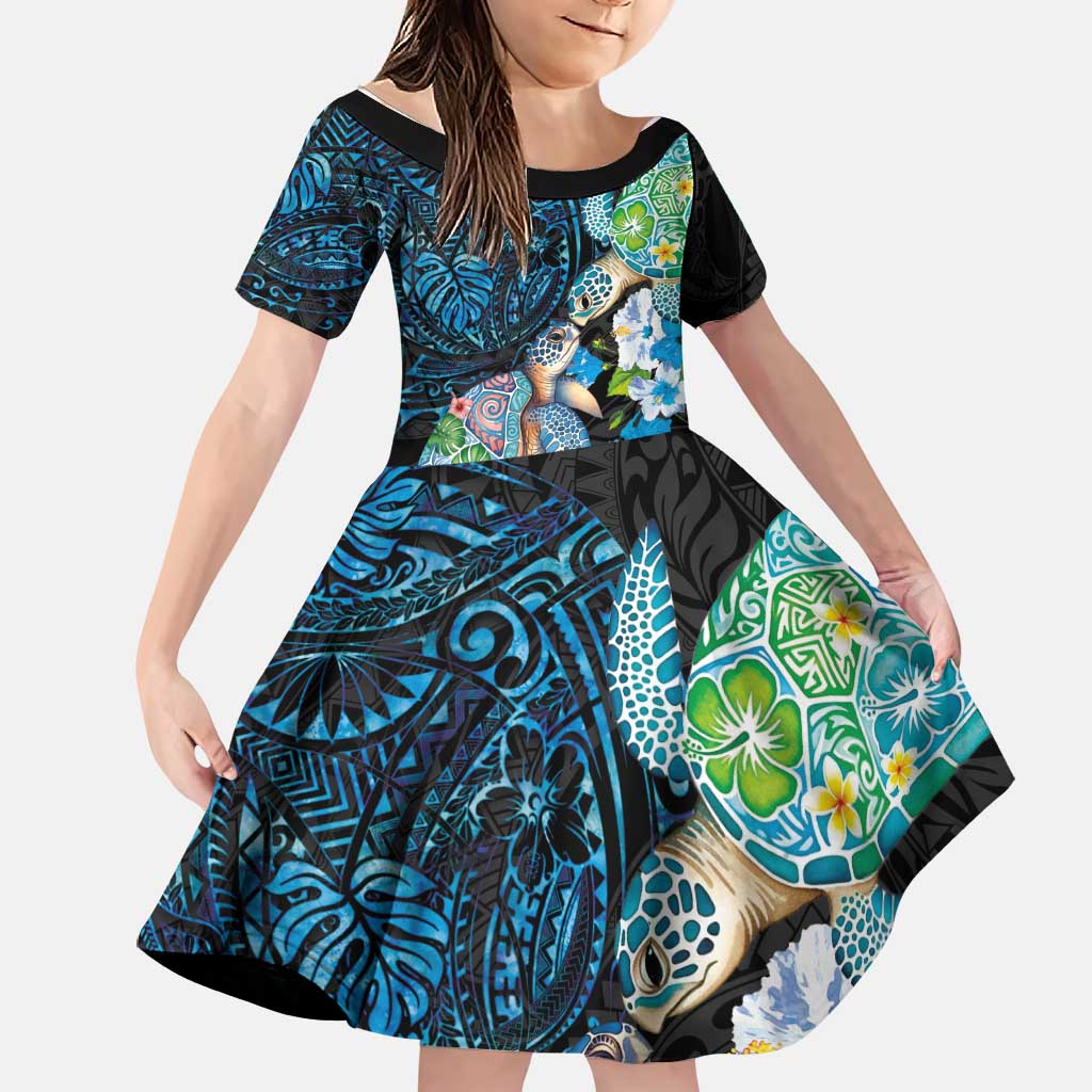 Hawaiian Couple Turtles Honi Family Matching Off The Shoulder Long Sleeve Dress and Hawaiian Shirt Polynesian Art Motifs and Hibiscus Black Blue Color LT03 Daughter's Dress Black - Polynesian Pride