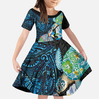 Hawaiian Couple Turtles Honi Family Matching Off The Shoulder Long Sleeve Dress and Hawaiian Shirt Polynesian Art Motifs and Hibiscus Black Blue Color LT03 Daughter's Dress Black - Polynesian Pride