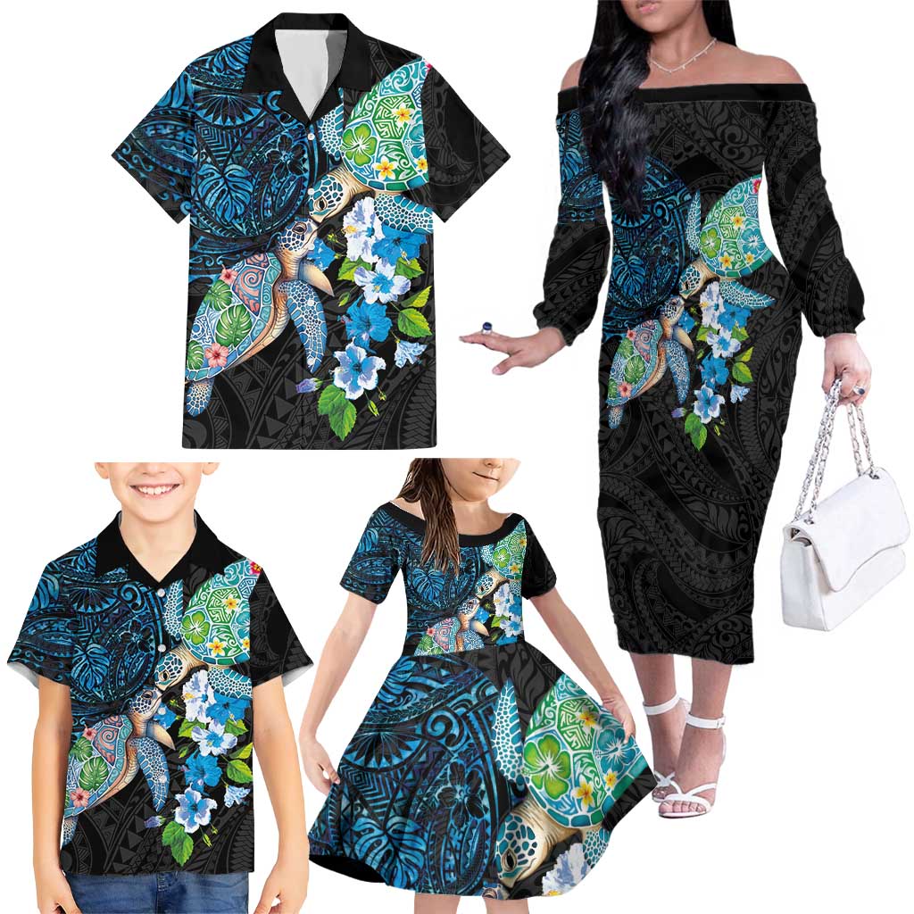 Hawaiian Couple Turtles Honi Family Matching Off The Shoulder Long Sleeve Dress and Hawaiian Shirt Polynesian Art Motifs and Hibiscus Black Blue Color LT03 - Polynesian Pride