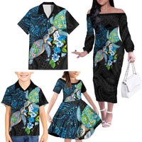 Hawaiian Couple Turtles Honi Family Matching Off The Shoulder Long Sleeve Dress and Hawaiian Shirt Polynesian Art Motifs and Hibiscus Black Blue Color LT03 - Polynesian Pride