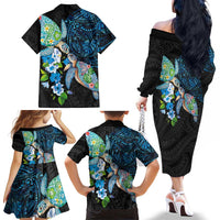 Hawaiian Couple Turtles Honi Family Matching Off The Shoulder Long Sleeve Dress and Hawaiian Shirt Polynesian Art Motifs and Hibiscus Black Blue Color LT03 - Polynesian Pride