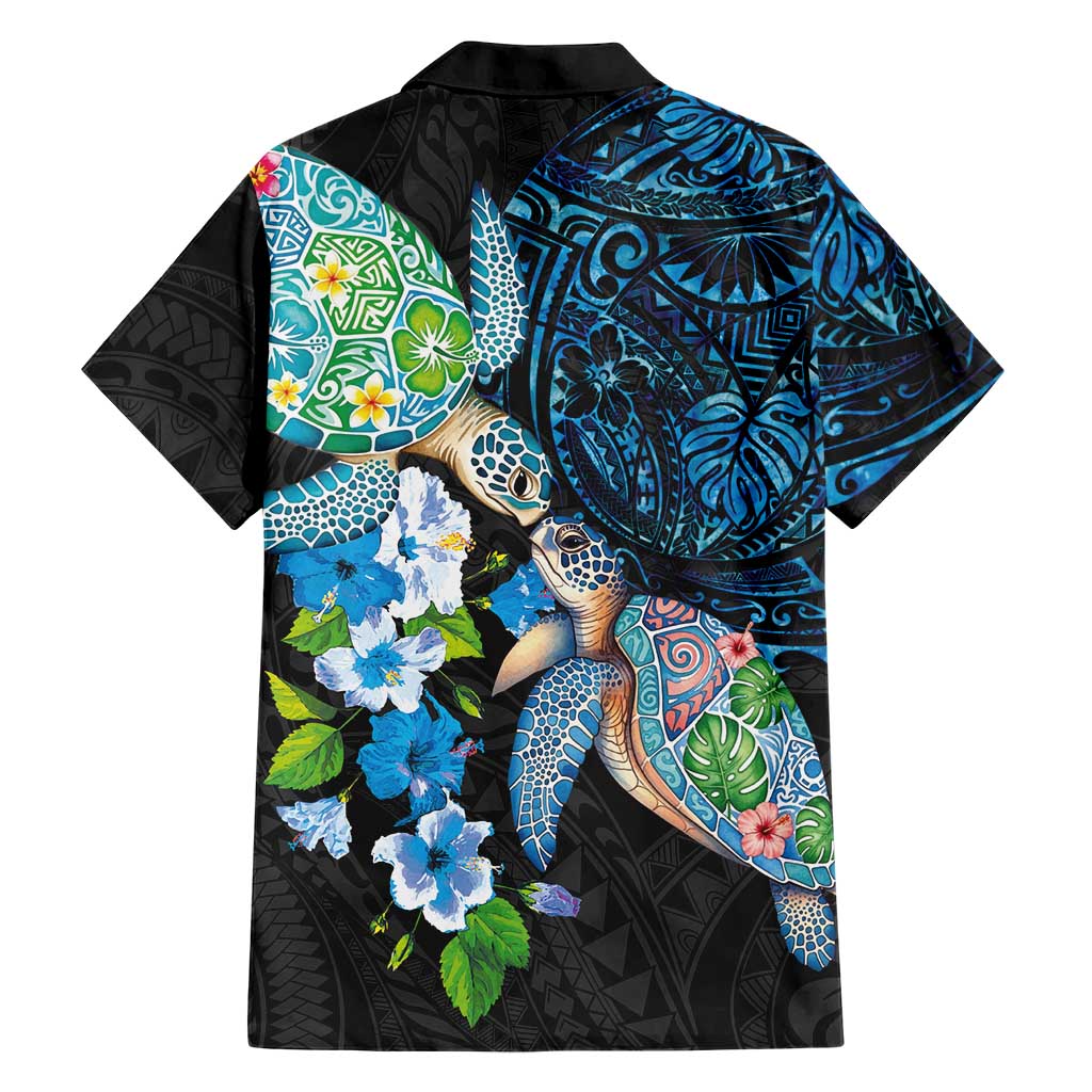 Hawaiian Couple Turtles Honi Family Matching Off The Shoulder Long Sleeve Dress and Hawaiian Shirt Polynesian Art Motifs and Hibiscus Black Blue Color LT03 - Polynesian Pride
