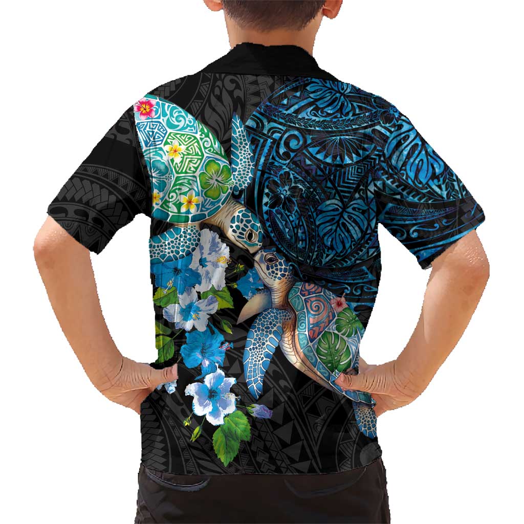 Hawaiian Couple Turtles Honi Family Matching Off Shoulder Maxi Dress and Hawaiian Shirt Polynesian Art Motifs and Hibiscus Black Blue Color LT03 - Polynesian Pride