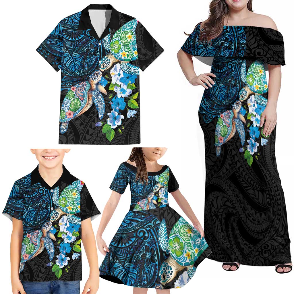 Hawaiian Couple Turtles Honi Family Matching Off Shoulder Maxi Dress and Hawaiian Shirt Polynesian Art Motifs and Hibiscus Black Blue Color LT03 - Polynesian Pride