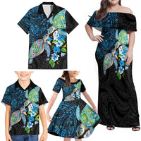 Hawaiian Couple Turtles Honi Family Matching Off Shoulder Maxi Dress and Hawaiian Shirt Polynesian Art Motifs and Hibiscus Black Blue Color LT03 - Polynesian Pride
