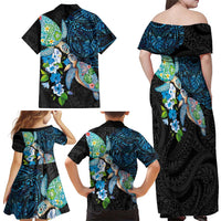 Hawaiian Couple Turtles Honi Family Matching Off Shoulder Maxi Dress and Hawaiian Shirt Polynesian Art Motifs and Hibiscus Black Blue Color LT03 - Polynesian Pride