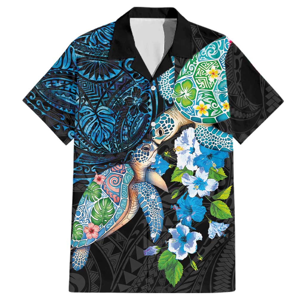 Hawaiian Couple Turtles Honi Family Matching Off Shoulder Maxi Dress and Hawaiian Shirt Polynesian Art Motifs and Hibiscus Black Blue Color LT03 Dad's Shirt - Short Sleeve Black - Polynesian Pride