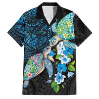 Hawaiian Couple Turtles Honi Family Matching Off Shoulder Maxi Dress and Hawaiian Shirt Polynesian Art Motifs and Hibiscus Black Blue Color LT03 Dad's Shirt - Short Sleeve Black - Polynesian Pride