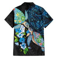 Hawaiian Couple Turtles Honi Family Matching Off Shoulder Maxi Dress and Hawaiian Shirt Polynesian Art Motifs and Hibiscus Black Blue Color LT03 - Polynesian Pride
