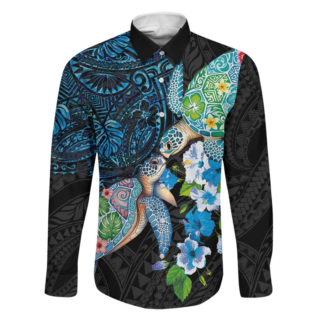 Hawaiian Couple Turtles Honi Family Matching Off Shoulder Maxi Dress and Hawaiian Shirt Polynesian Art Motifs and Hibiscus Black Blue Color LT03 Dad's Shirt - Long Sleeve Black - Polynesian Pride