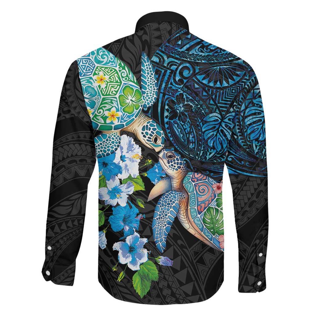 Hawaiian Couple Turtles Honi Family Matching Off Shoulder Maxi Dress and Hawaiian Shirt Polynesian Art Motifs and Hibiscus Black Blue Color LT03 - Polynesian Pride