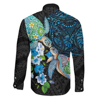 Hawaiian Couple Turtles Honi Family Matching Off Shoulder Maxi Dress and Hawaiian Shirt Polynesian Art Motifs and Hibiscus Black Blue Color LT03 - Polynesian Pride