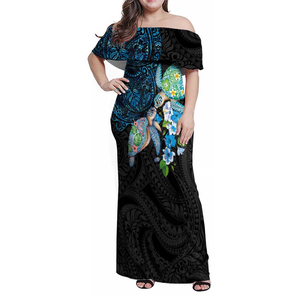 Hawaiian Couple Turtles Honi Family Matching Off Shoulder Maxi Dress and Hawaiian Shirt Polynesian Art Motifs and Hibiscus Black Blue Color LT03 Mom's Dress Black - Polynesian Pride