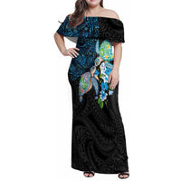 Hawaiian Couple Turtles Honi Family Matching Off Shoulder Maxi Dress and Hawaiian Shirt Polynesian Art Motifs and Hibiscus Black Blue Color LT03 Mom's Dress Black - Polynesian Pride