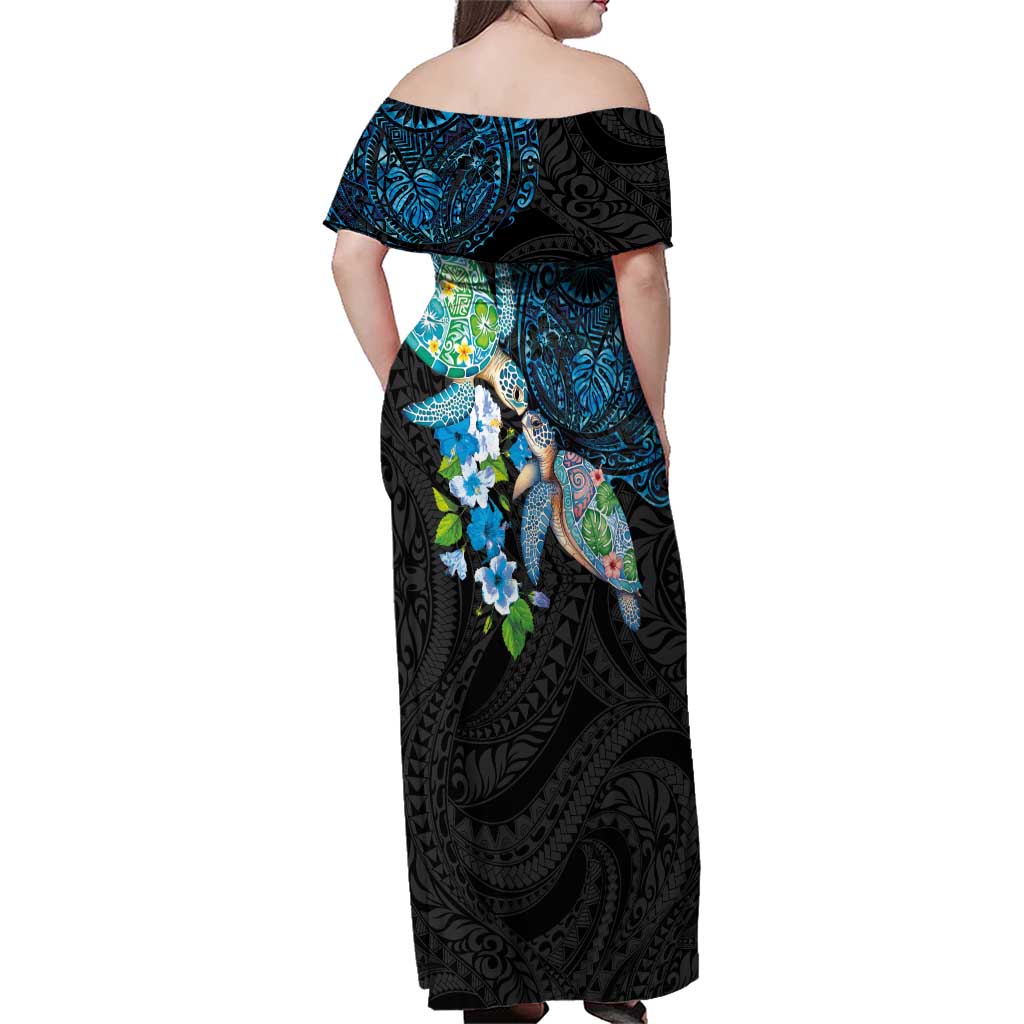 Hawaiian Couple Turtles Honi Family Matching Off Shoulder Maxi Dress and Hawaiian Shirt Polynesian Art Motifs and Hibiscus Black Blue Color LT03 - Polynesian Pride