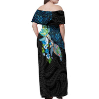 Hawaiian Couple Turtles Honi Family Matching Off Shoulder Maxi Dress and Hawaiian Shirt Polynesian Art Motifs and Hibiscus Black Blue Color LT03 - Polynesian Pride
