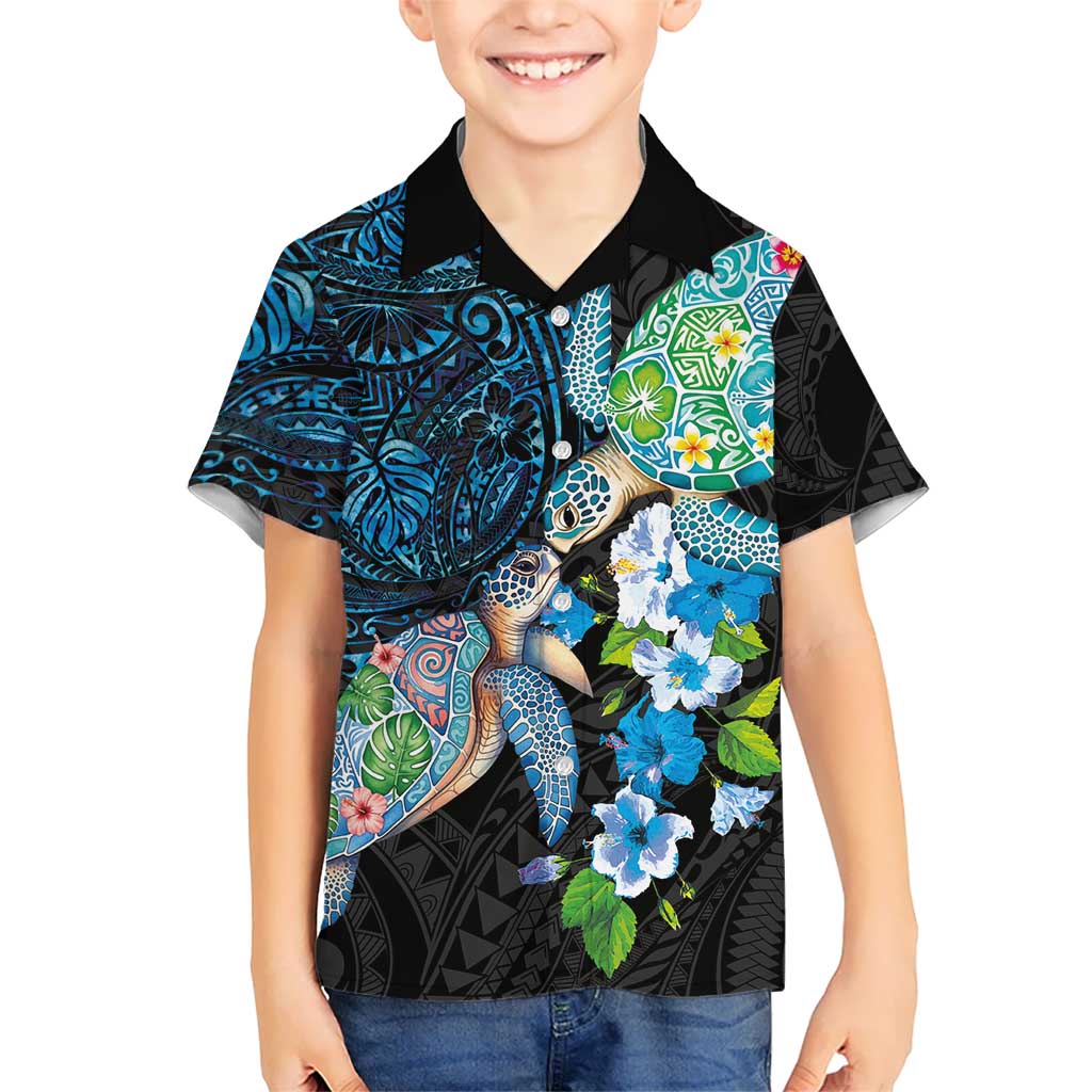 Hawaiian Couple Turtles Honi Family Matching Off Shoulder Maxi Dress and Hawaiian Shirt Polynesian Art Motifs and Hibiscus Black Blue Color LT03 Son's Shirt Black - Polynesian Pride
