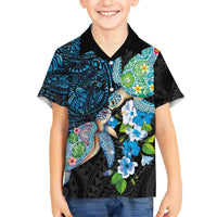 Hawaiian Couple Turtles Honi Family Matching Off Shoulder Maxi Dress and Hawaiian Shirt Polynesian Art Motifs and Hibiscus Black Blue Color LT03 Son's Shirt Black - Polynesian Pride