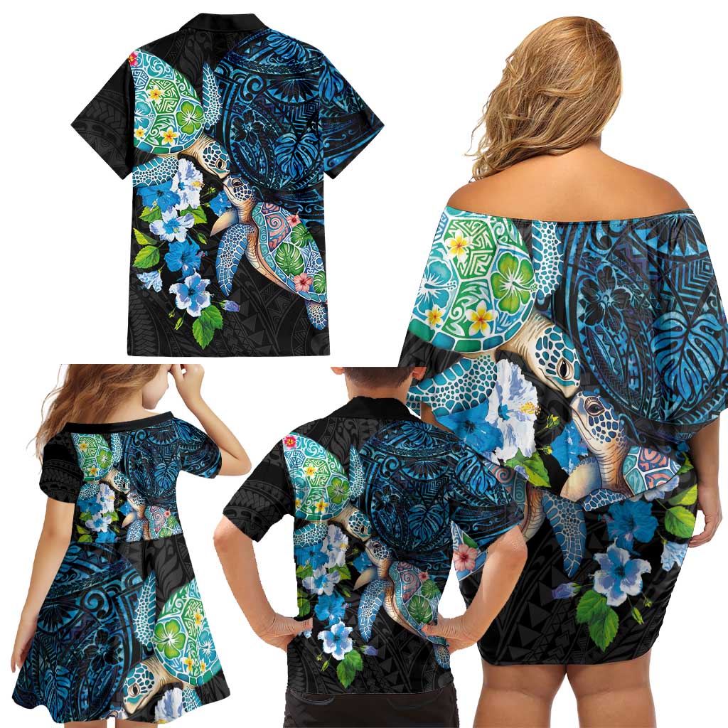 Hawaiian Couple Turtles Honi Family Matching Off Shoulder Short Dress and Hawaiian Shirt Polynesian Art Motifs and Hibiscus Black Blue Color - Polynesian Pride