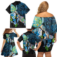 Hawaiian Couple Turtles Honi Family Matching Off Shoulder Short Dress and Hawaiian Shirt Polynesian Art Motifs and Hibiscus Black Blue Color - Polynesian Pride