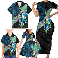 Hawaiian Couple Turtles Honi Family Matching Short Sleeve Bodycon Dress and Hawaiian Shirt Polynesian Art Motifs and Hibiscus Black Blue Color - Polynesian Pride